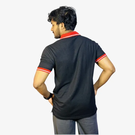 Men's Black Polo T-Shirt with Red Contrast Collar | Modern Slim Fit